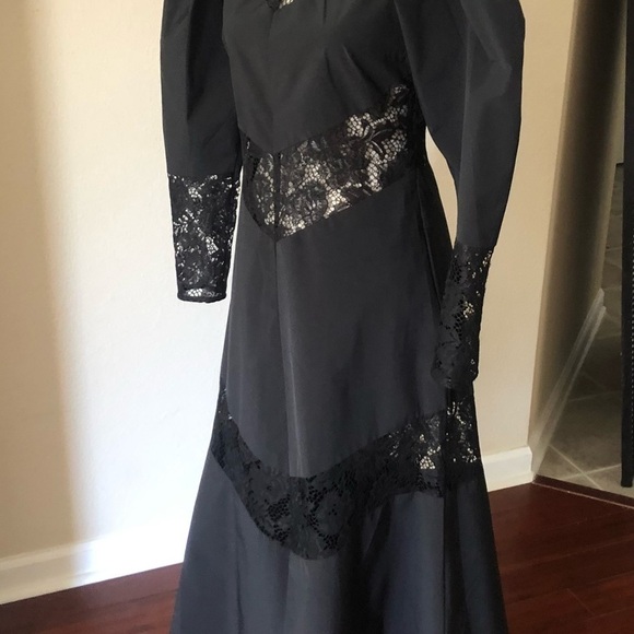 H & M Black Lace Solid Patch work Midi A line Puffed Sleeve Classic Gothic Dress - Picture 3 of 9